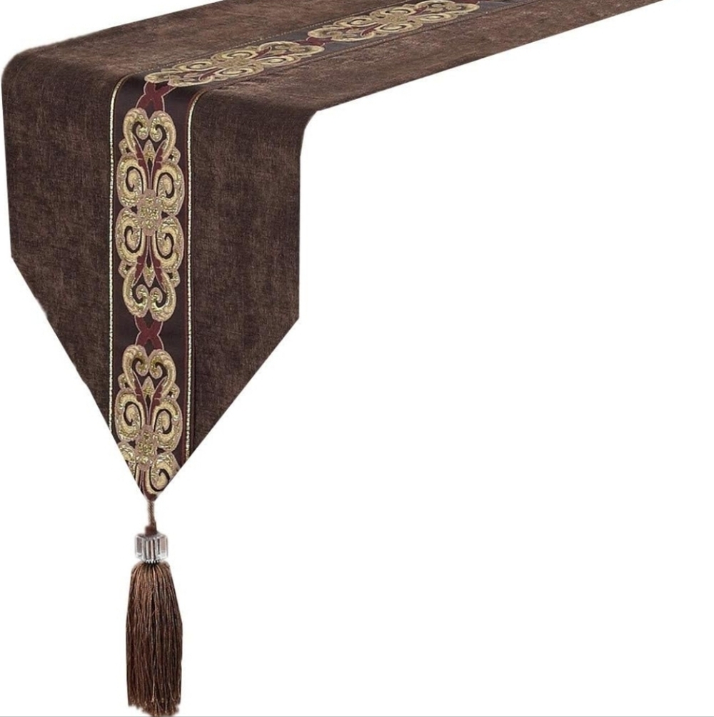 Table Runner/Dresser Scarf with Tassels Middle Stripe, 13 x 82" Brown